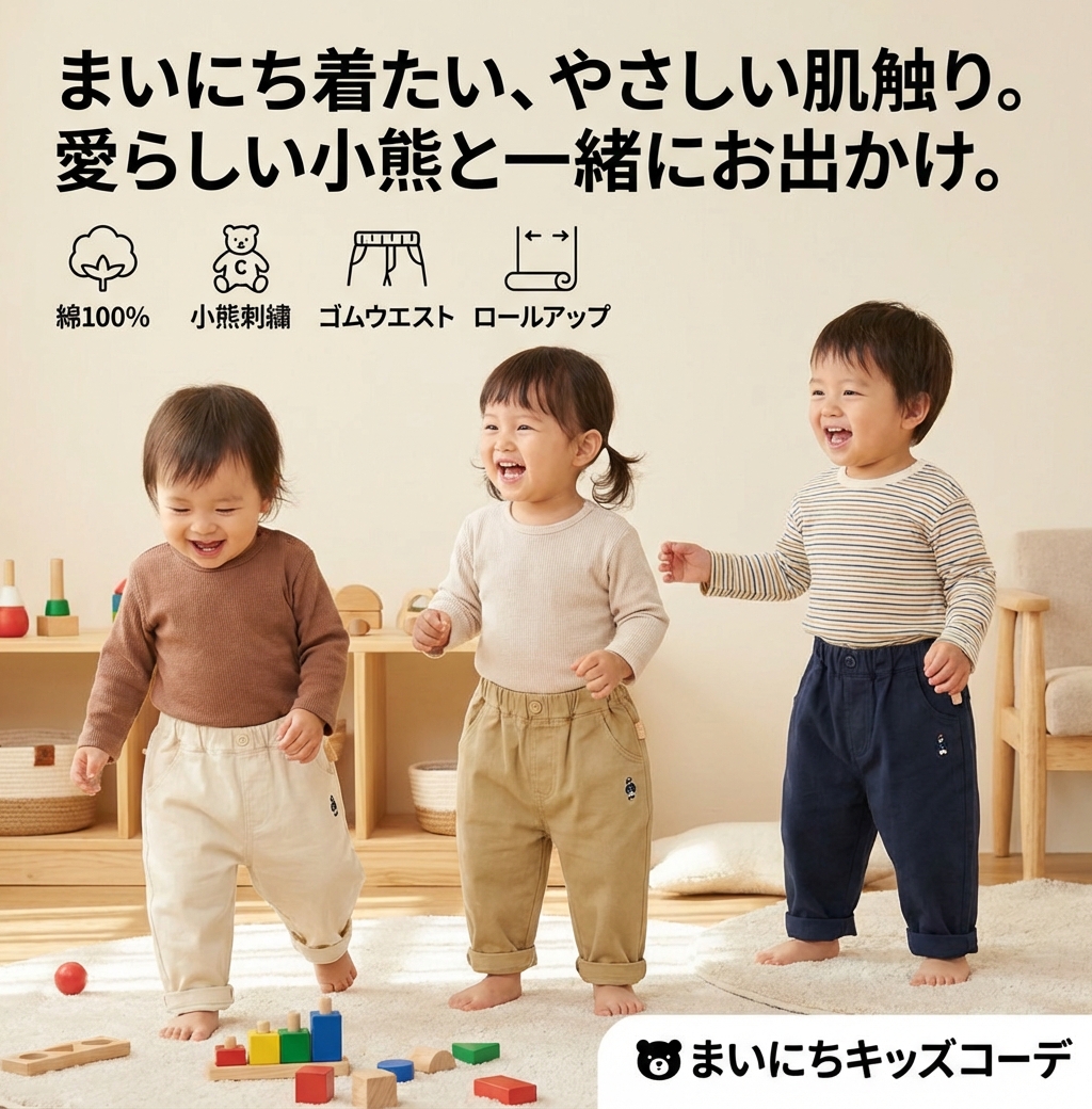 キッズファッション 可愛い小熊刺繍入りゆったり長ズボン - 商品イメージ