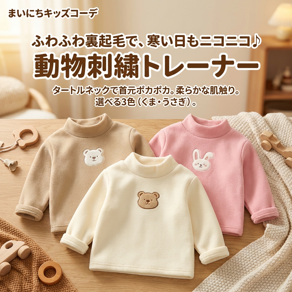 キッズファッション 動物刺繍入りタートルネック裏起毛トレーナー - 商品イメージ