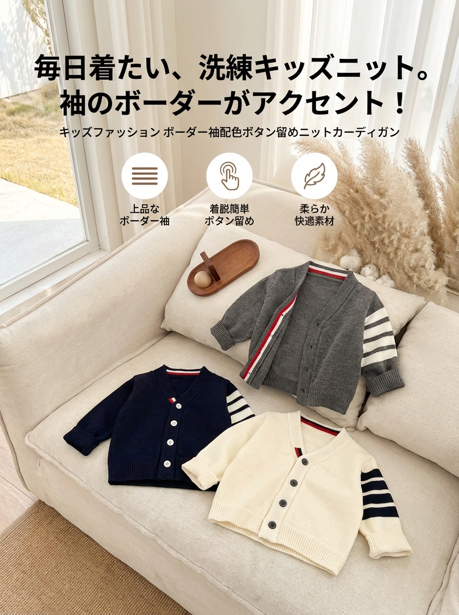 キッズファッション ボーダー袖配色ボタン留めニットカーディガン - 商品イメージ