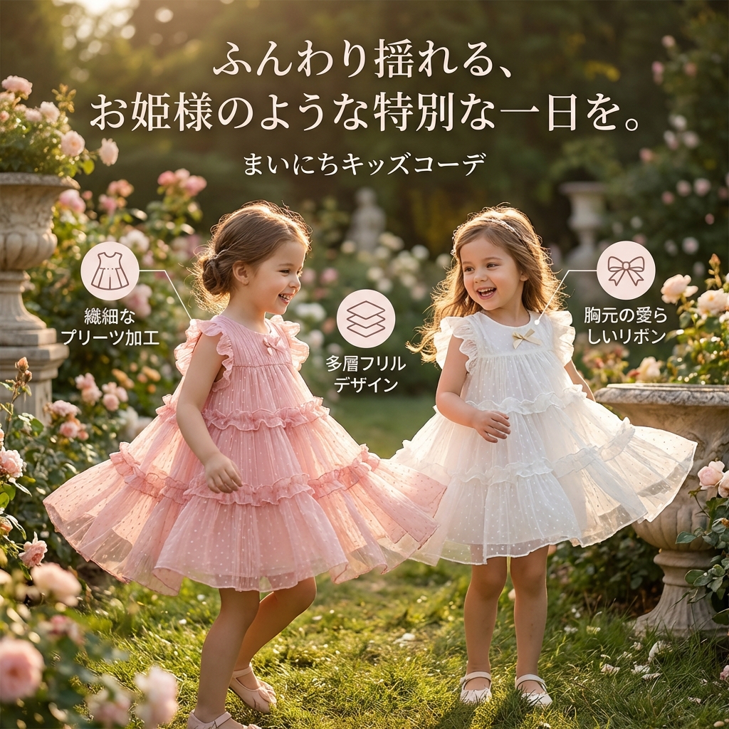 キッズファッション ふんわりプリーツフリル袖なし姫様ワンピース - 商品イメージ