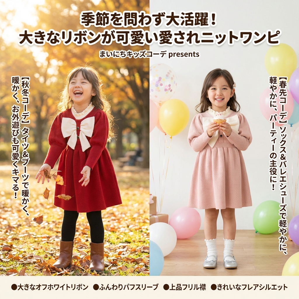 キッズファッション 大きなリボンが可愛いニットワンピース - 季節別の着こなし提案