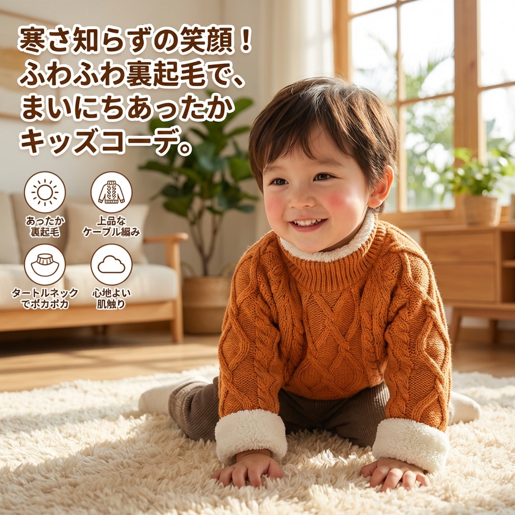 キッズファッション 裏起毛あったかケーブル編みタートルネックセーター - デザインの特徴