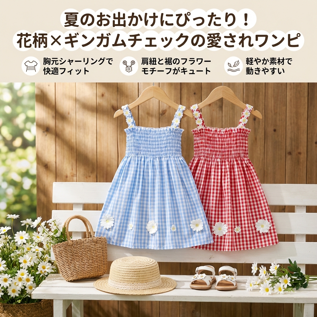 キッズファッション 花柄肩紐ギンガムチェックワンピース - 商品イメージ