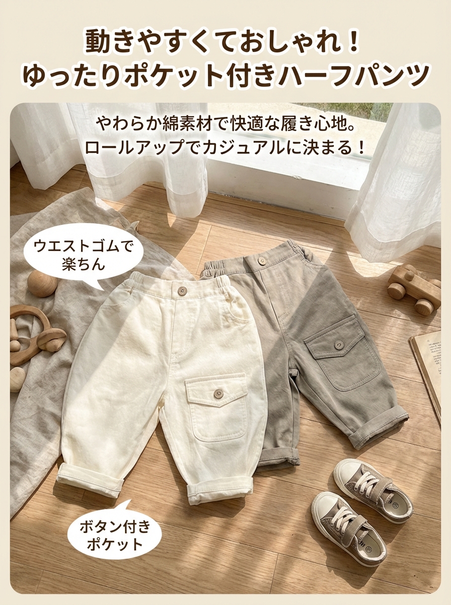 キッズファッション ゆったりポケット付きロールアップハーフパンツ - 商品イメージ