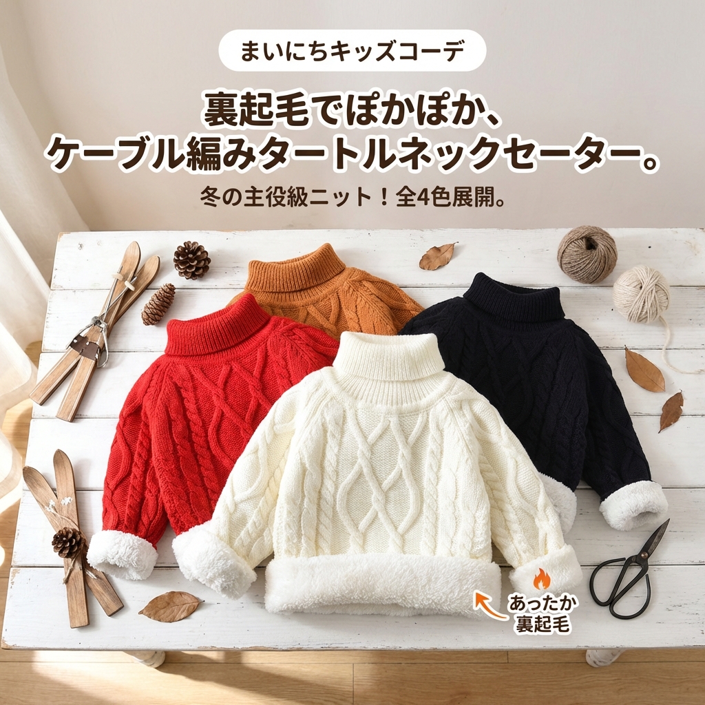 キッズファッション 裏起毛あったかケーブル編みタートルネックセーター - カラーバリエーション