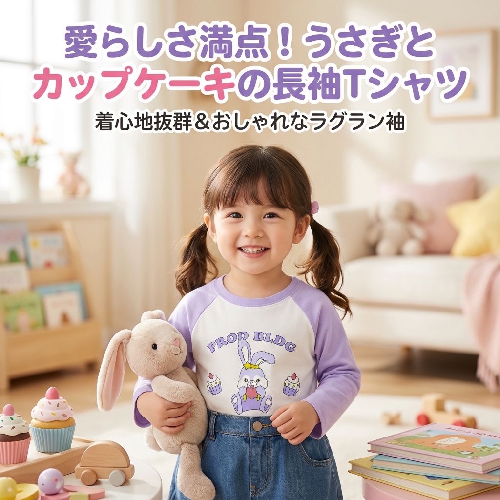 キッズファッション うさぎとカップケーキプリント長袖Tシャツ - 商品イメージ