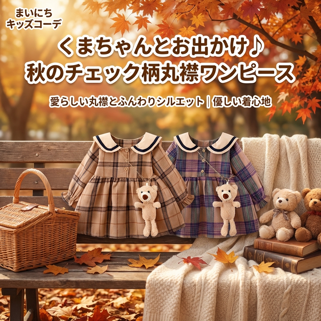 キッズファッション くまちゃん付きチェック柄丸襟長袖ワンピース - 商品イメージ