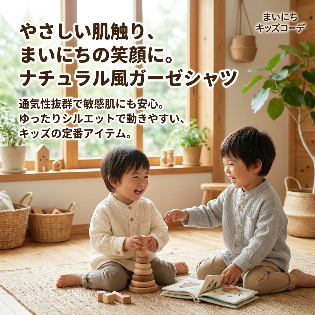 キッズファッション ナチュラル風ガーゼ生地長袖シャツ - 商品イメージ