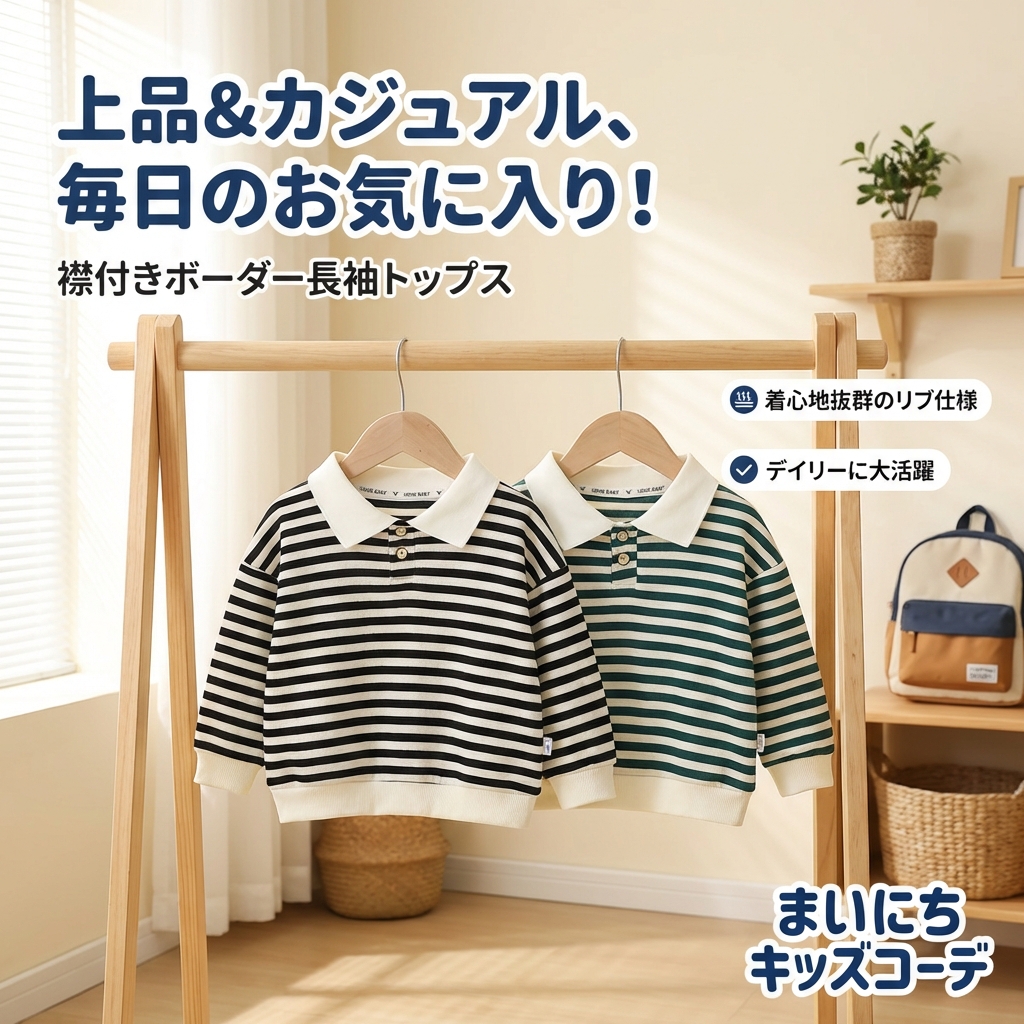 キッズファッション 襟付きボーダー柄長袖トップス - 商品イメージ