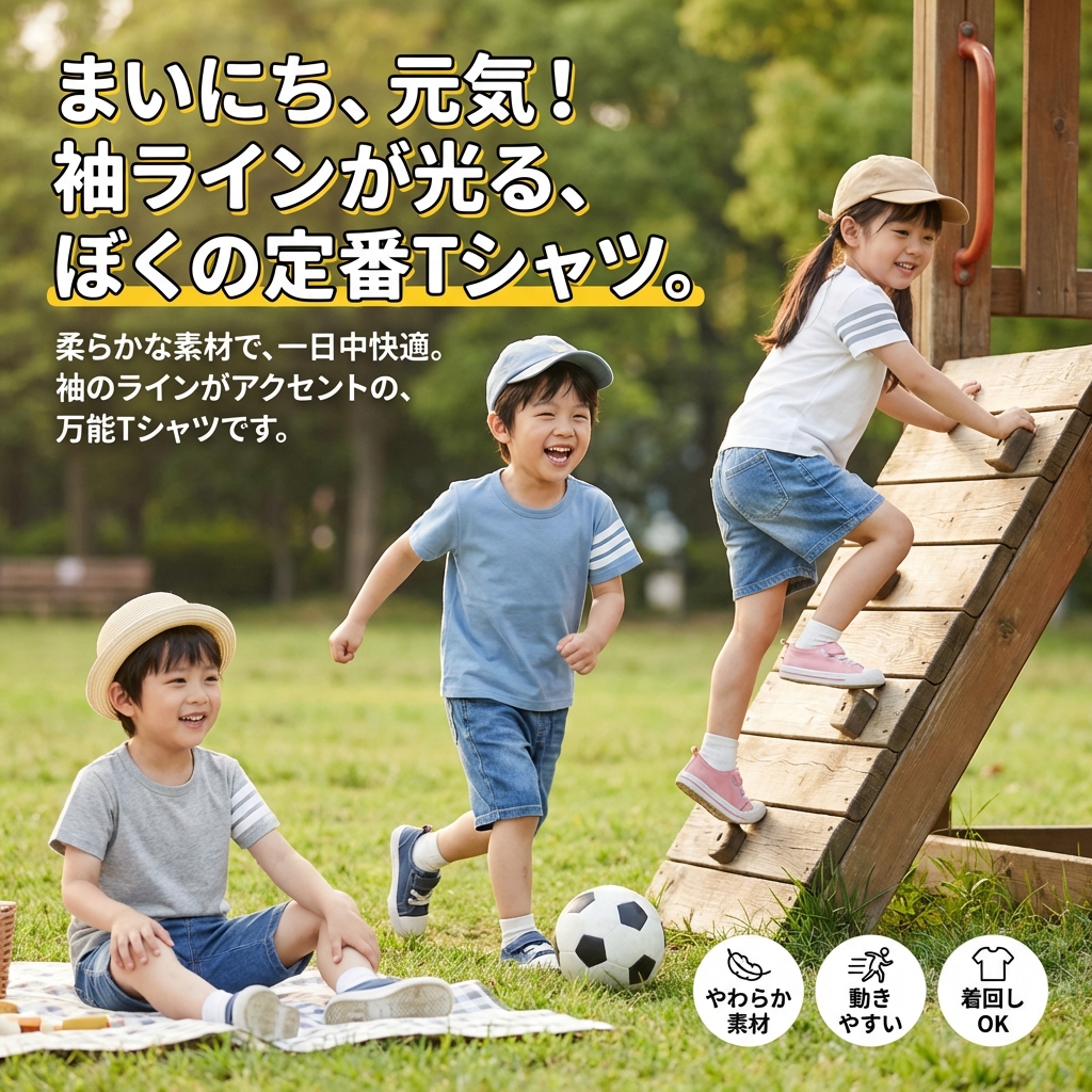 キッズファッション 袖ライン入りベーシック半袖子供服 - 商品イメージ