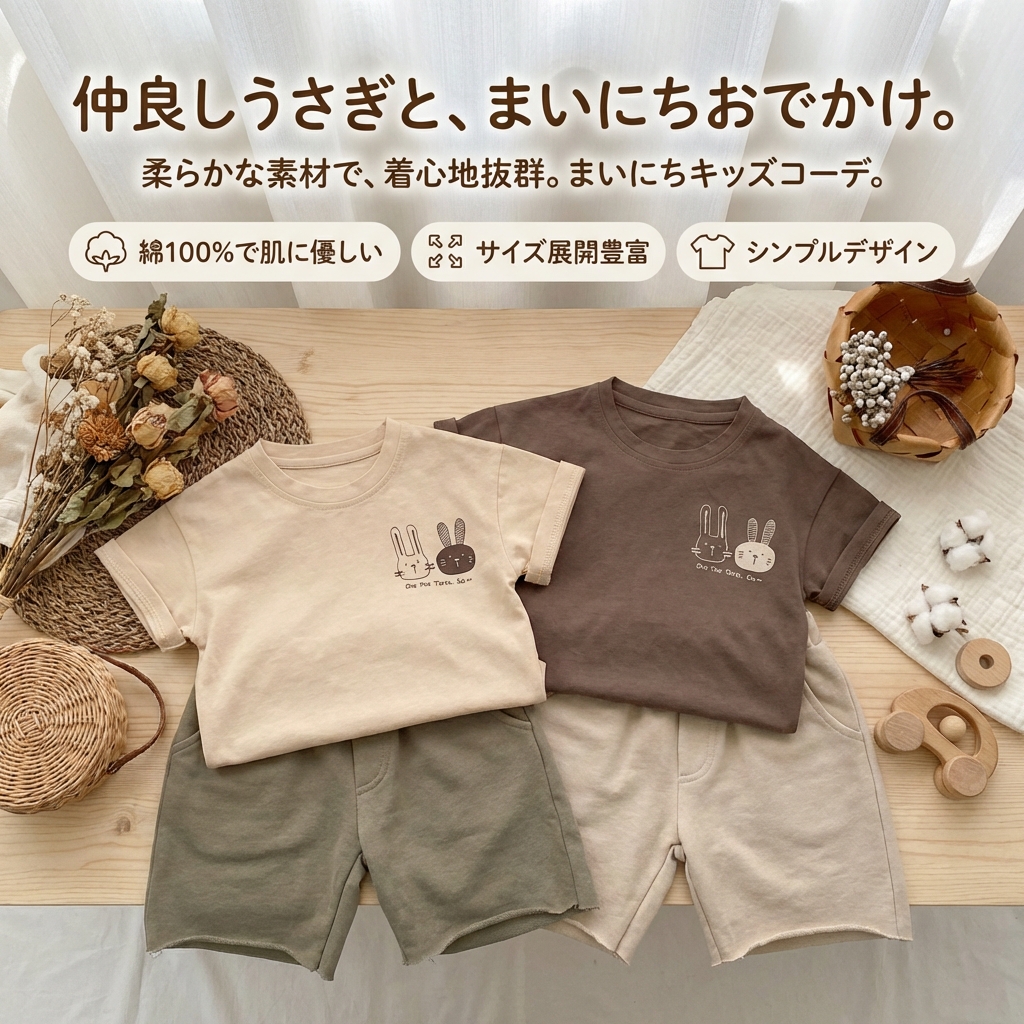 キッズファッション 仲良しうさぎプリント半袖Tシャツ - 商品イメージ