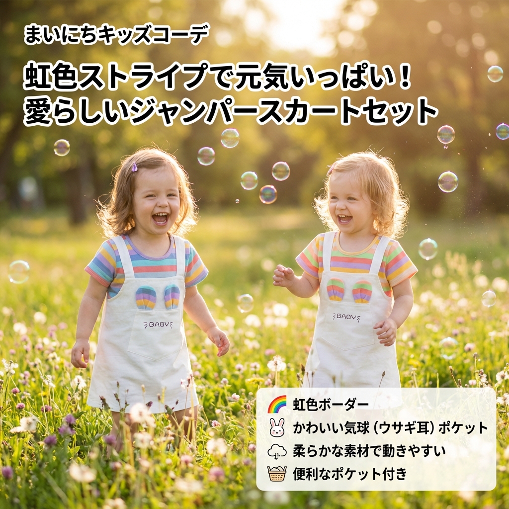 キッズファッション 虹色ボーダー袖付きジャンパースカートセット - 商品イメージ