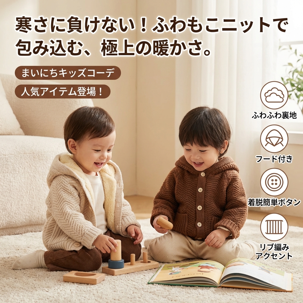 キッズファッション ふわもこ裏地付きフード羽織りニットカーディガン - 商品イメージ