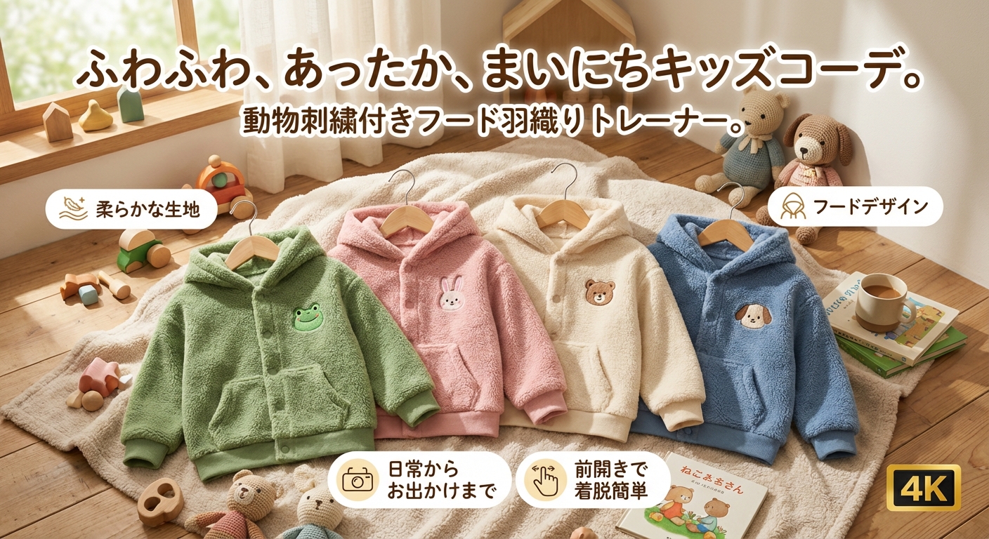 キッズファッション ふわふわ動物刺繍付きフード羽織りトレーナー - 商品イメージ