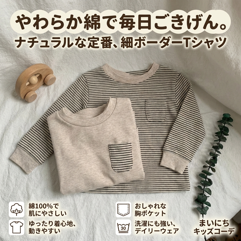 キッズファッション ナチュラル細ボーダー長袖綿Tシャツ - 商品イメージ