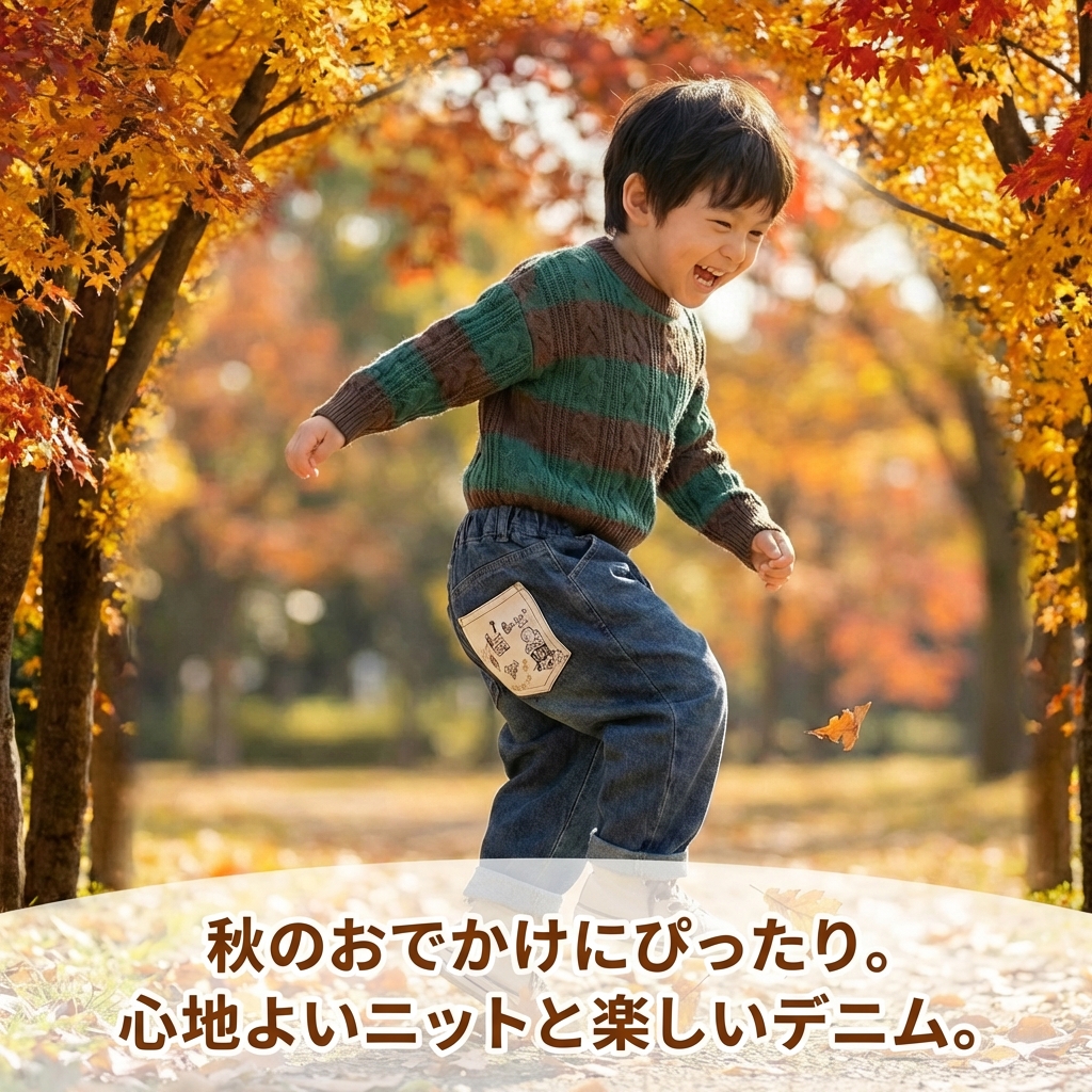 キッズファッション イラストポケット付きゆったりデニムパンツ - 商品イメージ