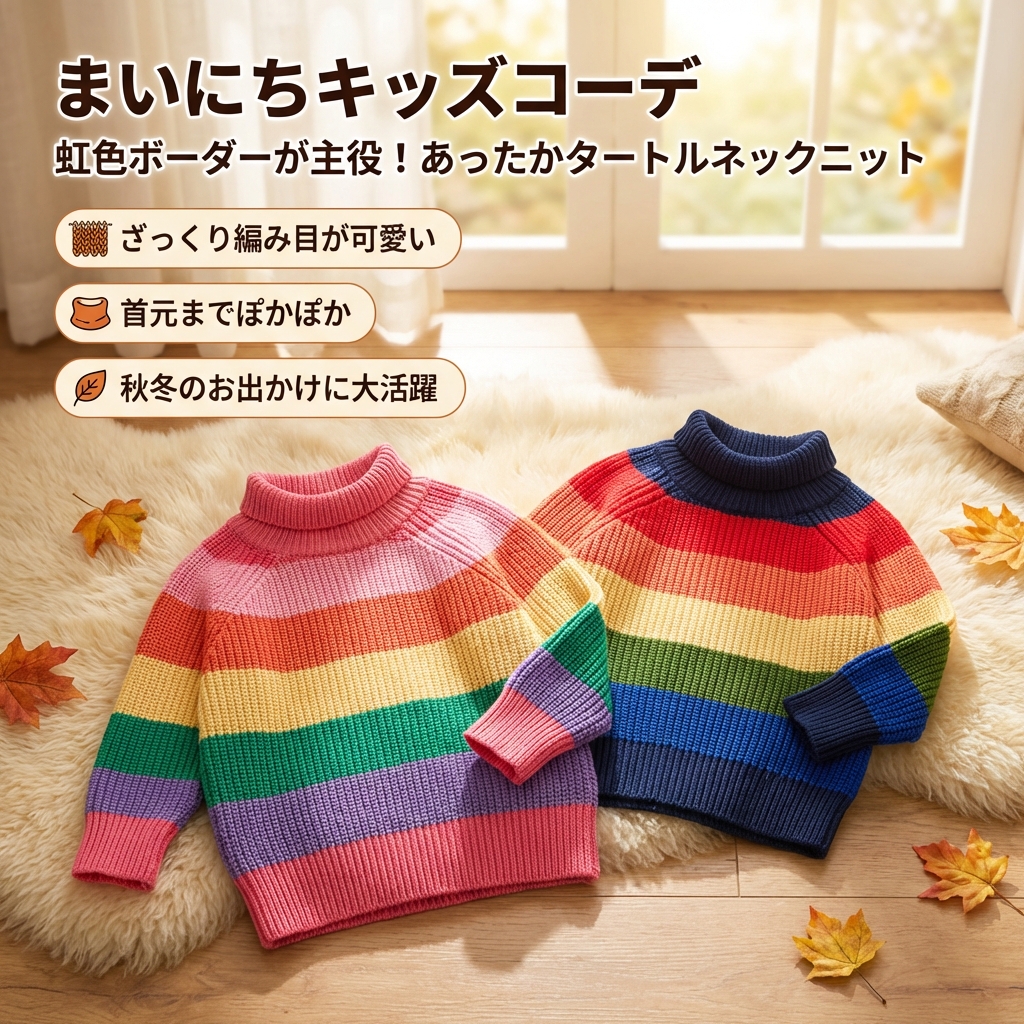 キッズファッション 虹色ボーダー柄タートルネックニットセーター - 商品イメージ