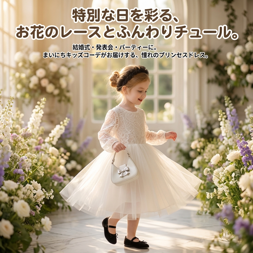 キッズファッション 花柄総レース長袖チュールプリンセスドレス - 商品イメージ