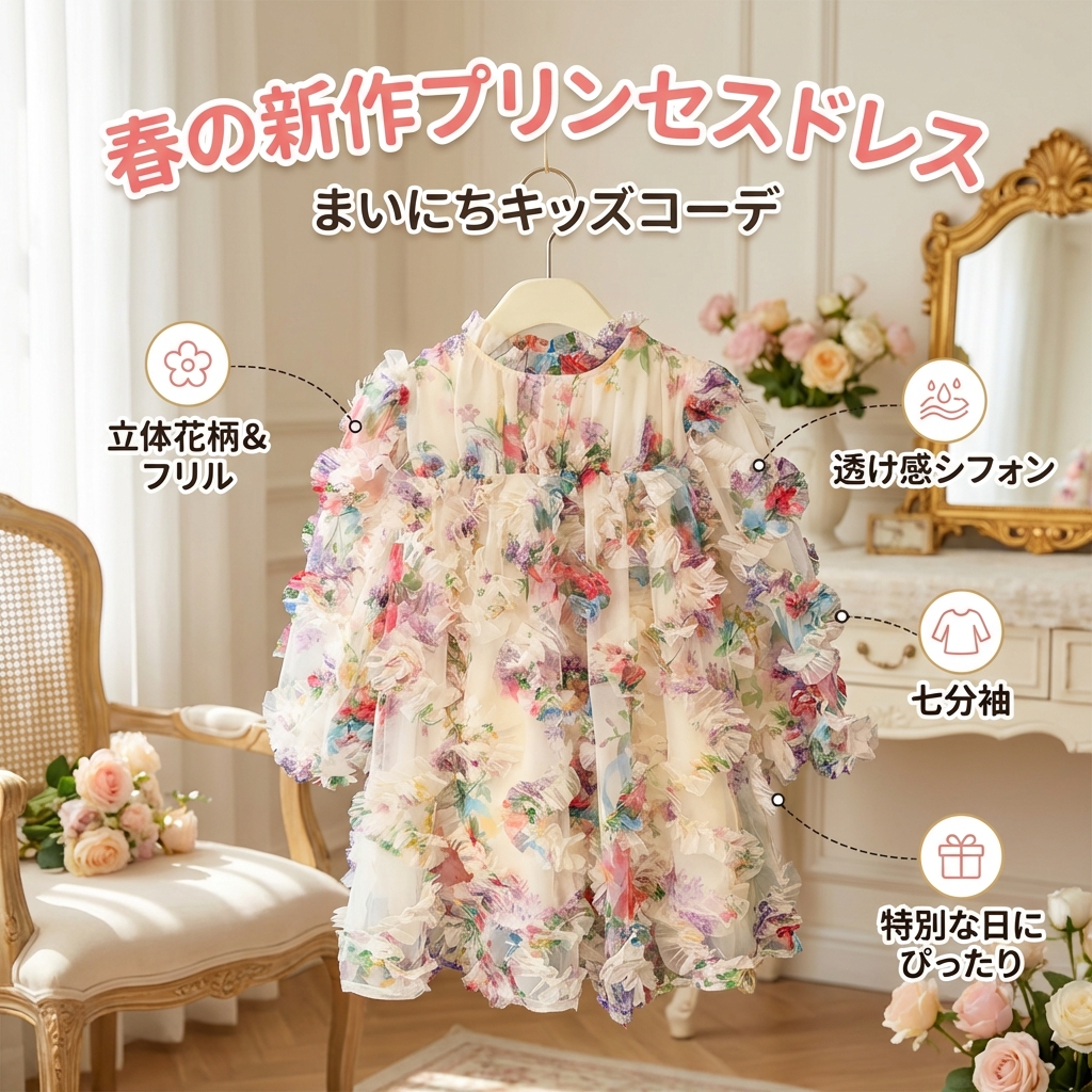 キッズファッション 立体花柄シフォン七分袖プリンセスドレス - 商品イメージ
