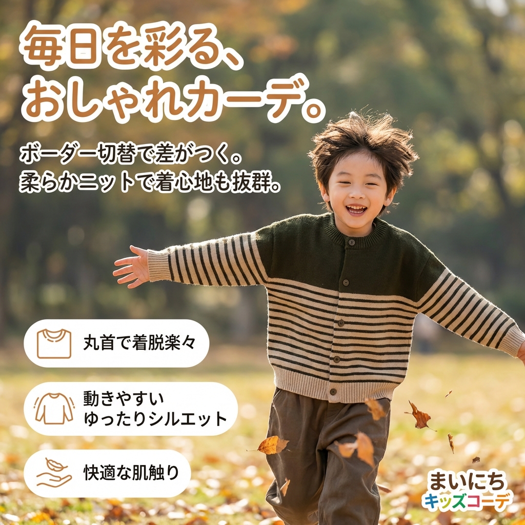 キッズファッション ボーダー切替ボタン付き丸首ニットカーディガン - 商品イメージ