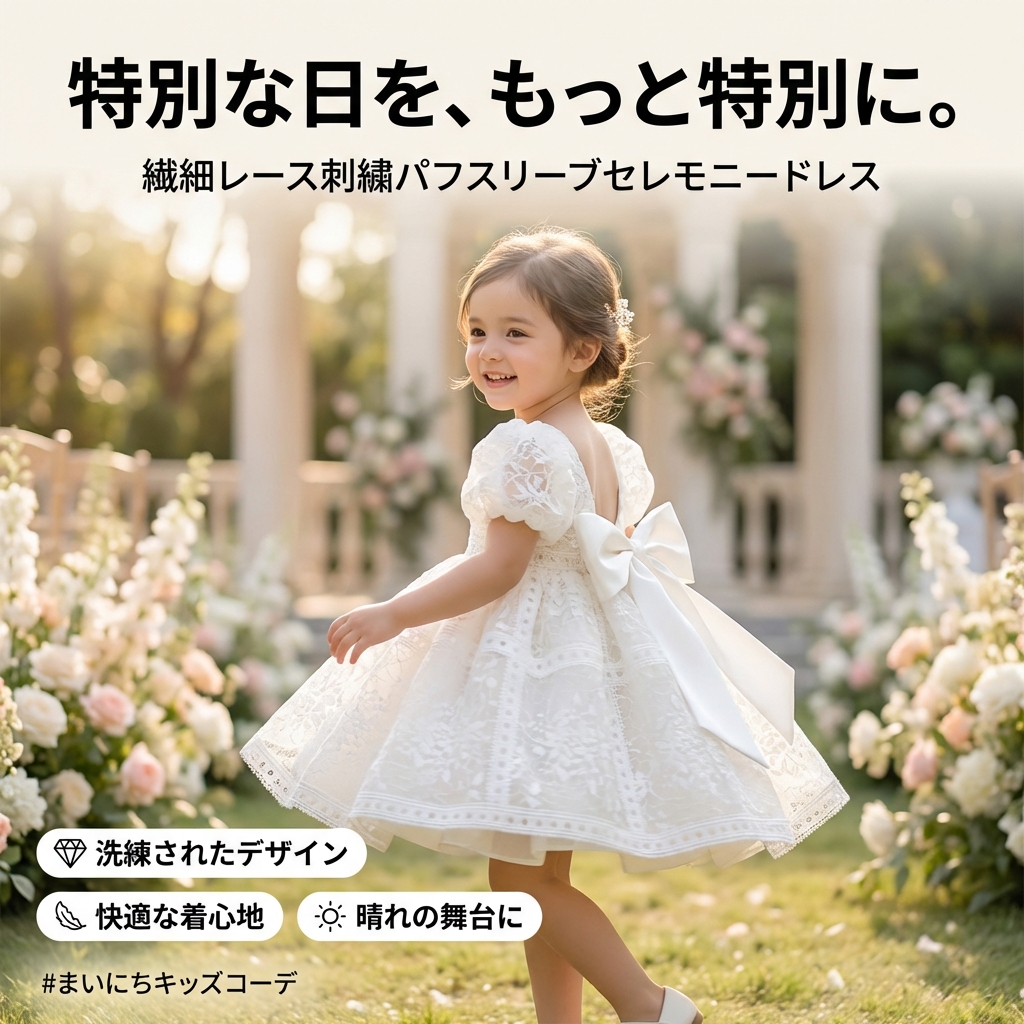 キッズファッション 繊細レース刺繍パフスリーブセレモニードレス - 商品イメージ