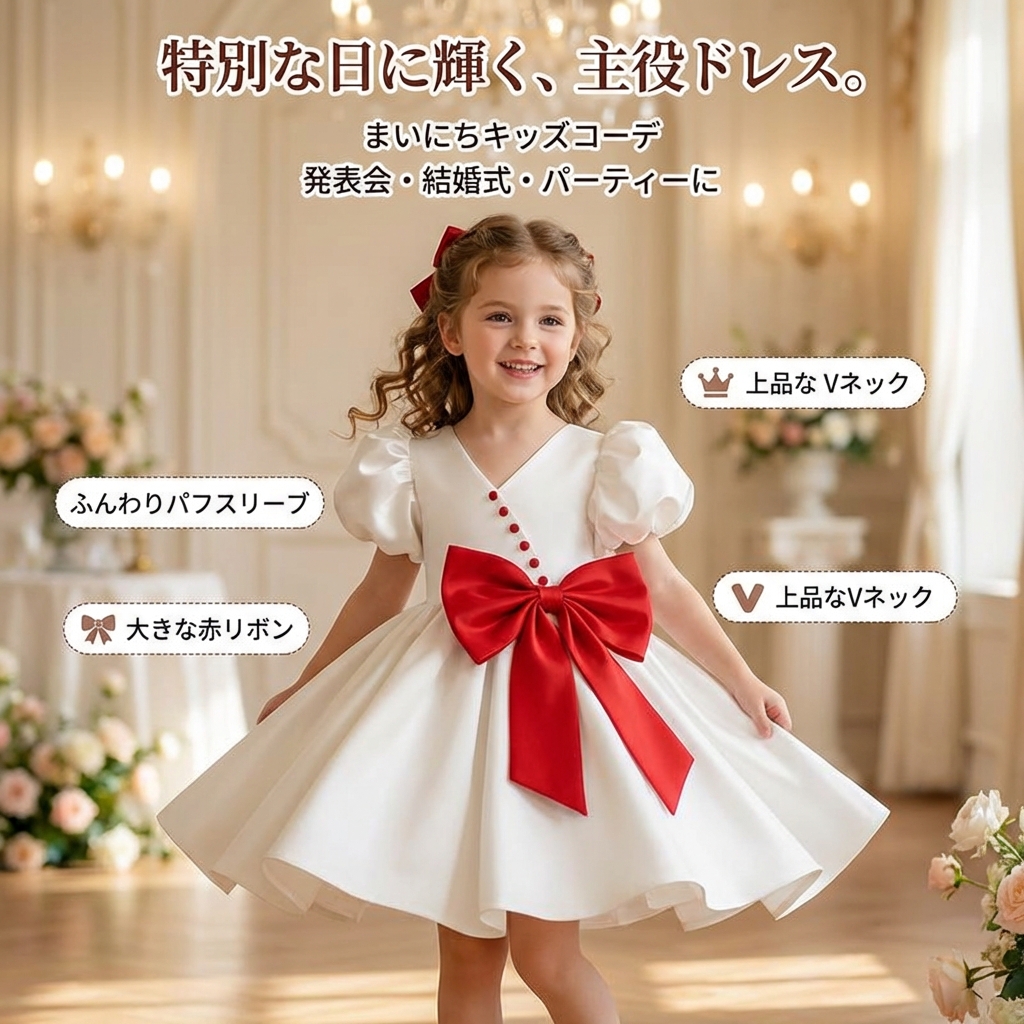 キッズファッション 大きなリボンが華やかなパフスリーブドレス - 商品イメージ