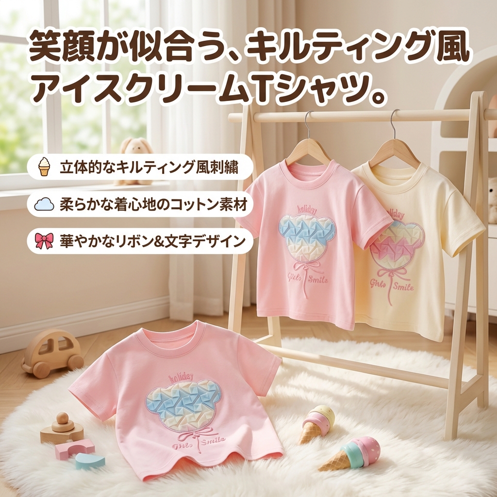 キッズファッション キルティング風アイスクリーム刺繍半袖Tシャツ - 商品イメージ