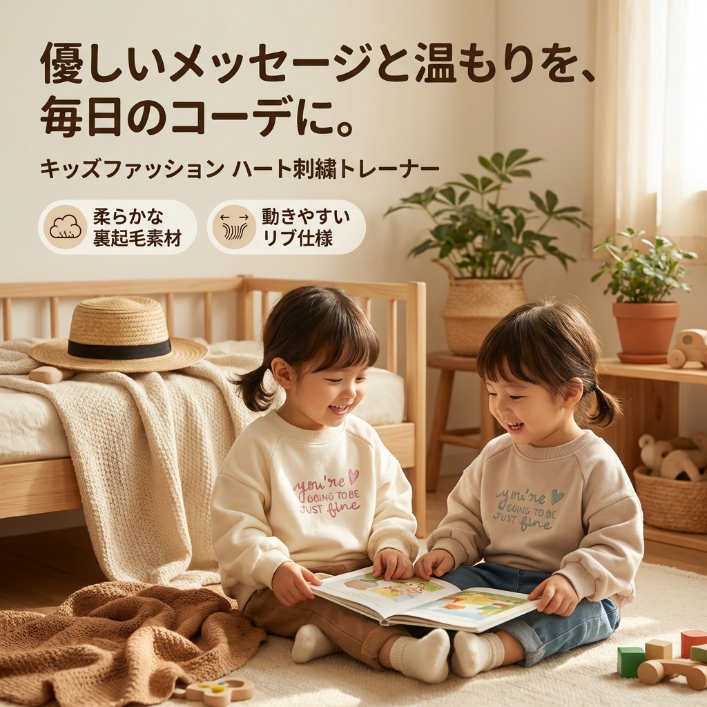 キッズファッション ハート刺繍メッセージ入りキッズトレーナー - 商品イメージ