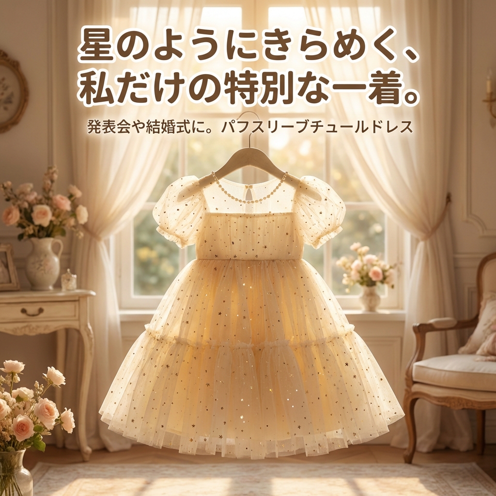 キッズファッション 星空きらめくパフスリーブチュールドレス - 商品イメージ