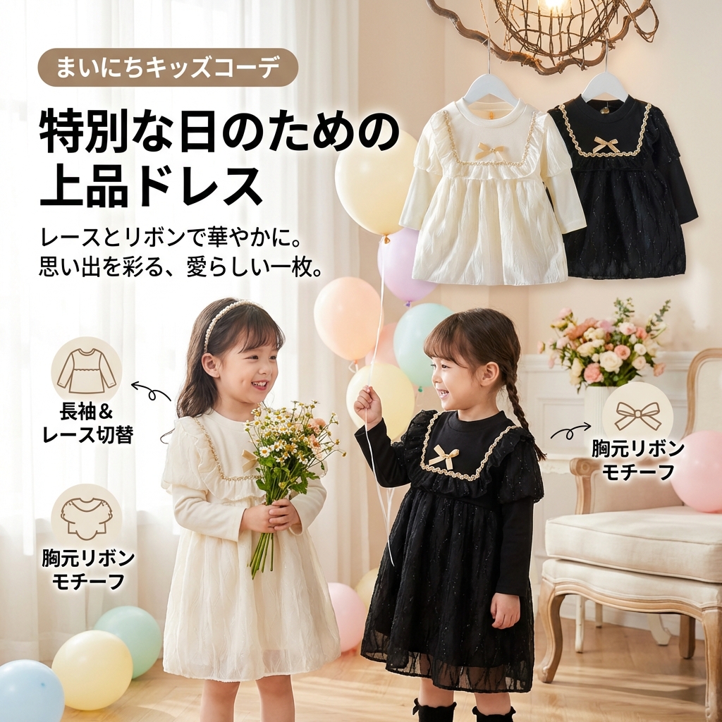 キッズファッション ドレス　リボン付き長袖レース切替ワンピース - 商品イメージ