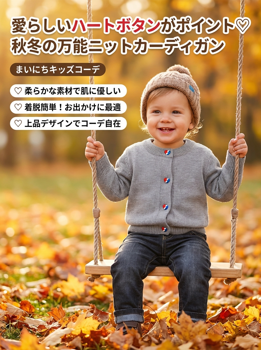 キッズファッション ニット　可愛いハートボタン付きベビーニットカーディガン - 商品イメージ