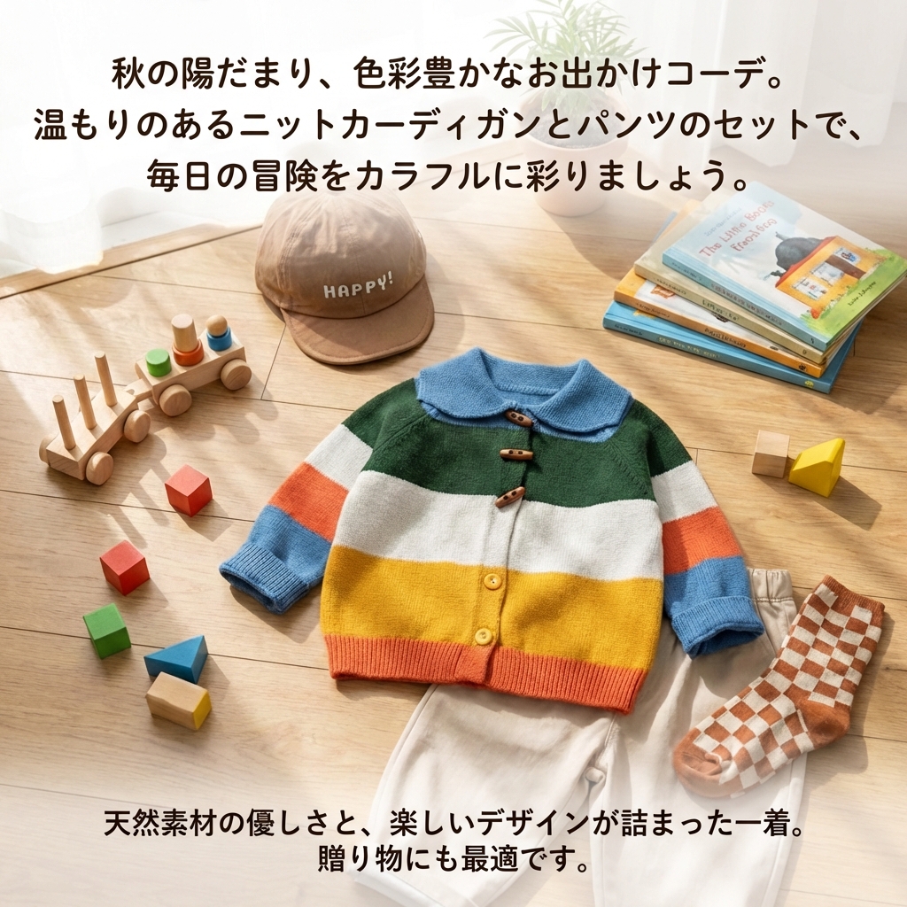 キッズファッション ニット　虹色ボーダー丸襟ニットカーディガン - 商品イメージ