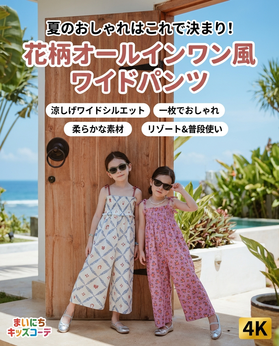 キッズファッション パンツ　花柄オールインワン風ワイドパンツ - 商品イメージ