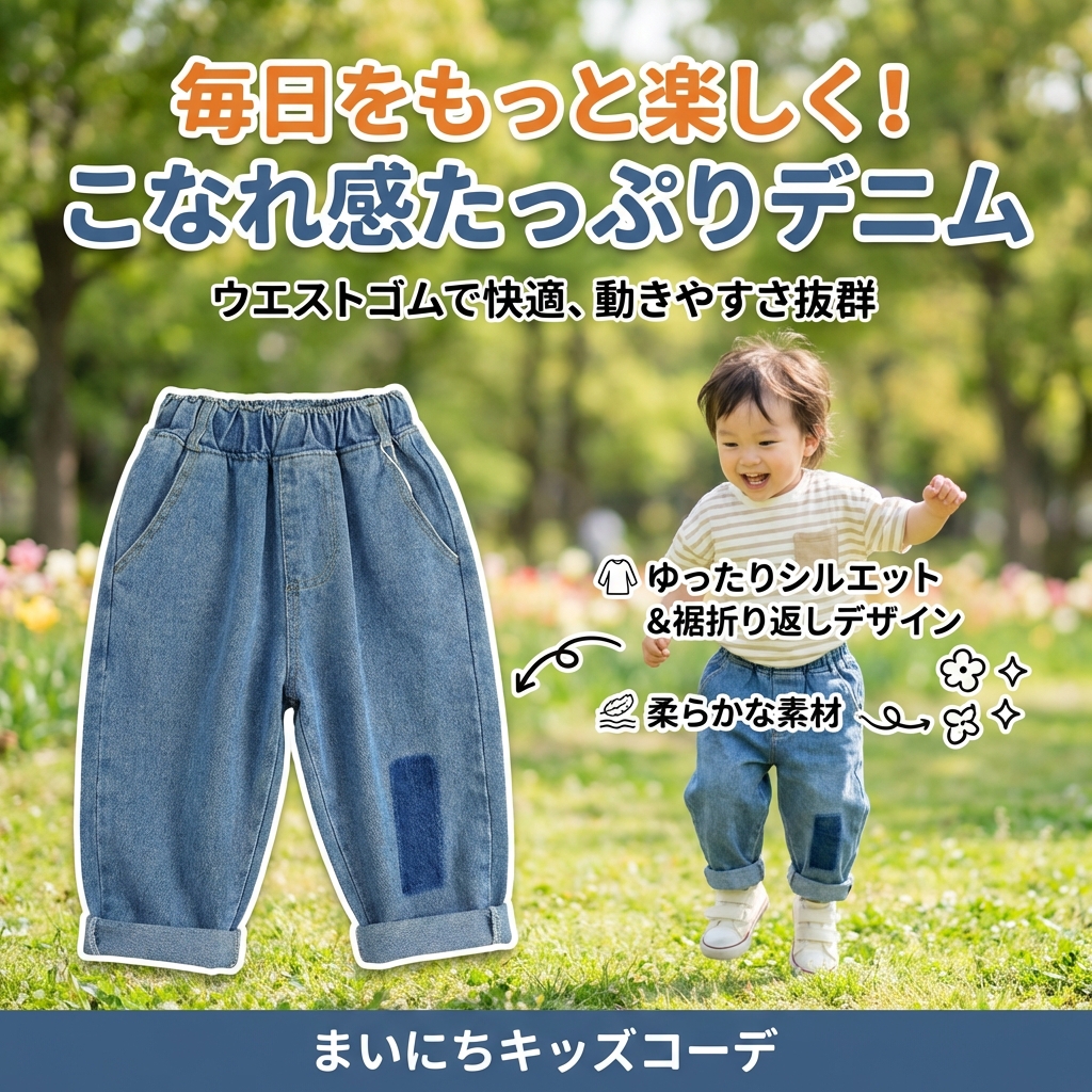 キッズファッション パンツ　ゆったりウエストゴム裾折り返しデニムパンツ - 商品イメージ