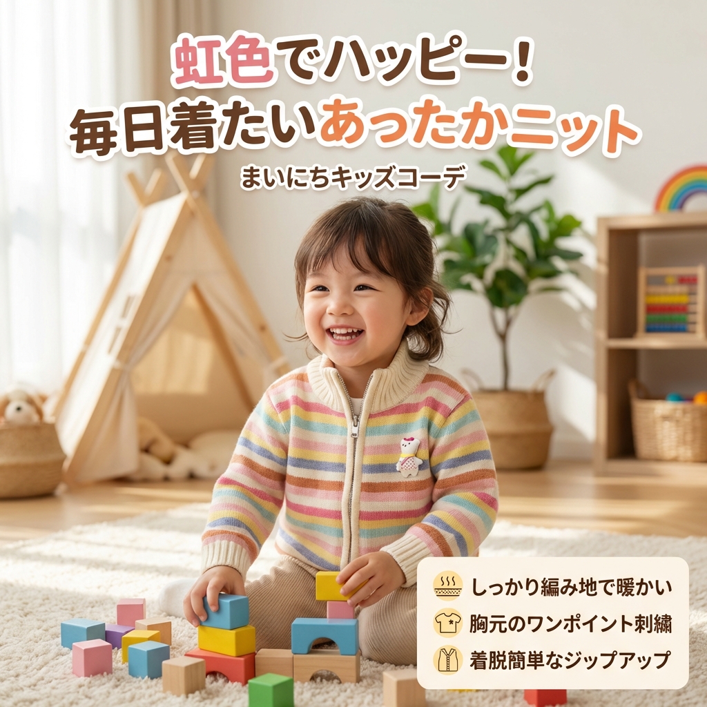 キッズファッション ニット　虹色ボーダー柄ジップアップニットカーディガン - 商品イメージ