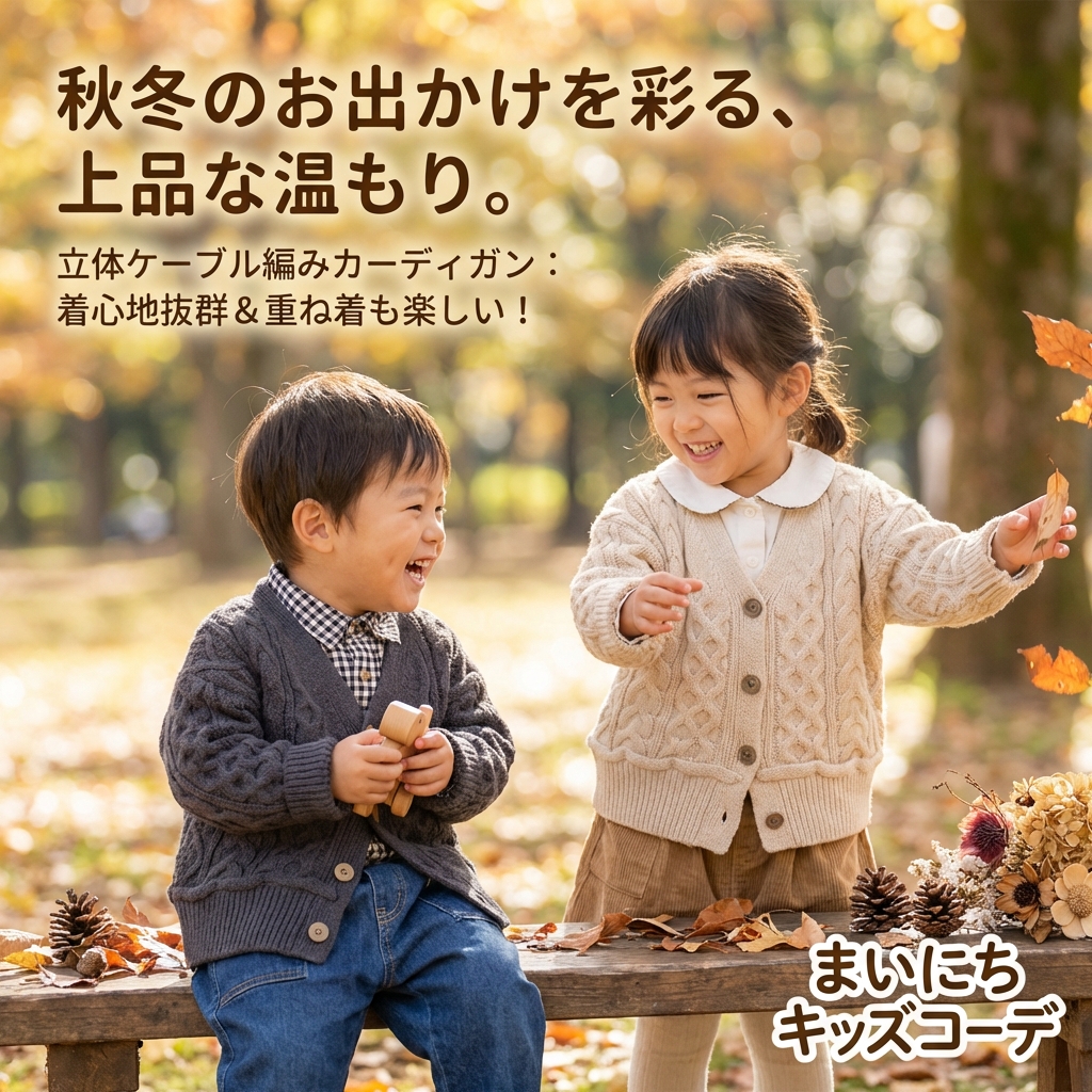 キッズファッション ニット　立体ケーブル編みボタン付きカーディガン - 商品イメージ