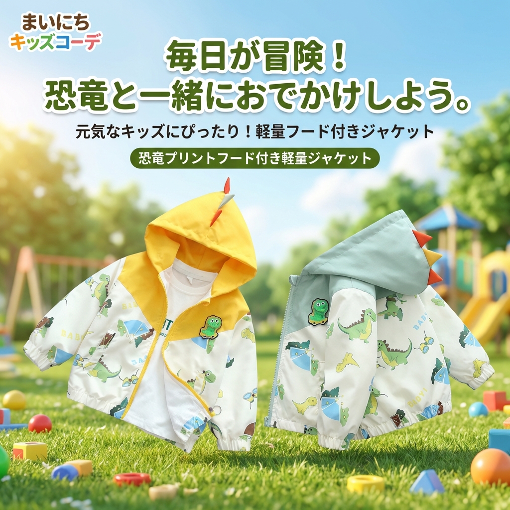キッズファッション トレーナー　恐竜プリントフード付き軽量ジャケット - 商品イメージ