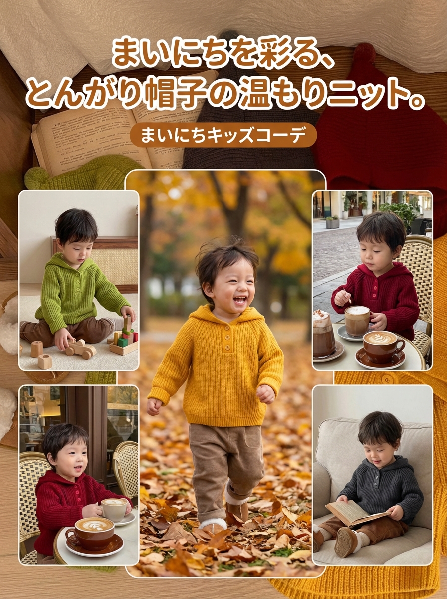 キッズファッション ニット　とんがり帽子付きニットカーディガン - シーズン＆シーン提案