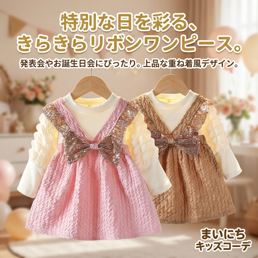 キッズファッション きらきらリボン付き重ね着風長袖ワンピース - 商品イメージ