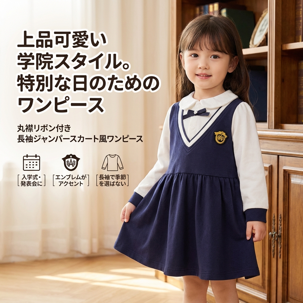 キッズファッション 学院風丸襟リボン付き長袖ワンピース - 商品イメージ