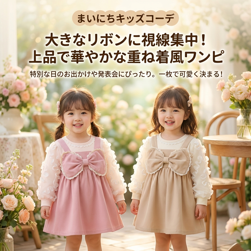 キッズファッション 大きなリボンが可愛いキャミソール風重ね着ワンピース - 商品イメージ