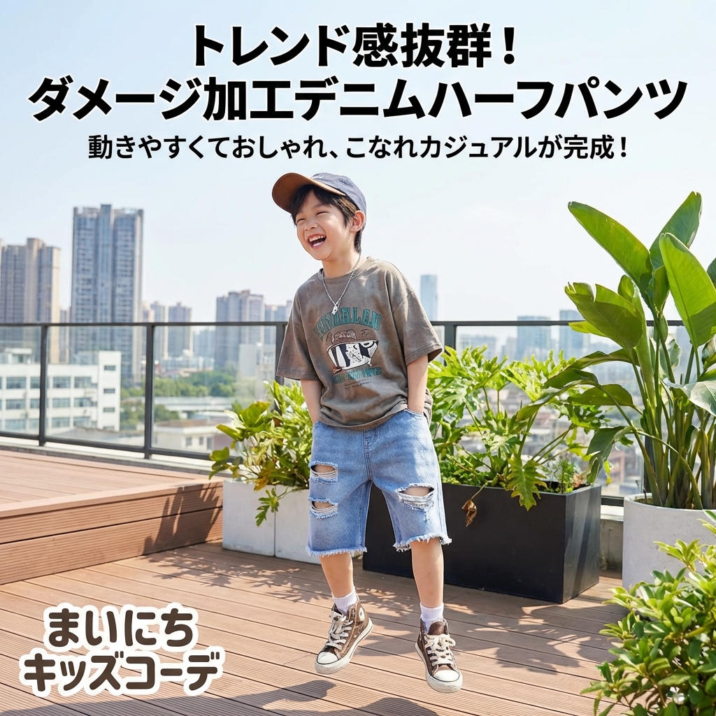 キッズファッション ダメージ加工デニムハーフパンツ裾切りっぱなし - 商品イメージ