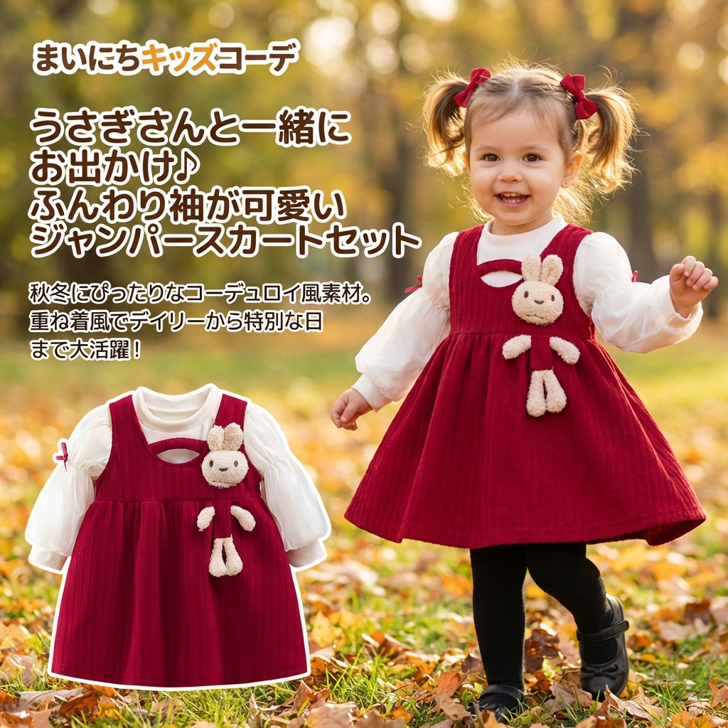 キッズファッション うさぎアップリケ付きジャンパースカートセット - 商品イメージ