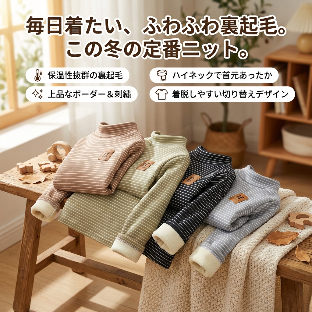 キッズファッション 裏起毛ボーダー柄ハイネックニットトップス - 商品イメージ