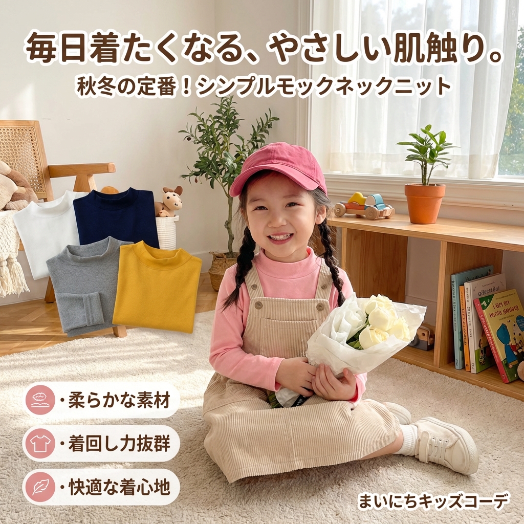 キッズファッション 子供用シンプルモックネック長袖ニット - 商品イメージ