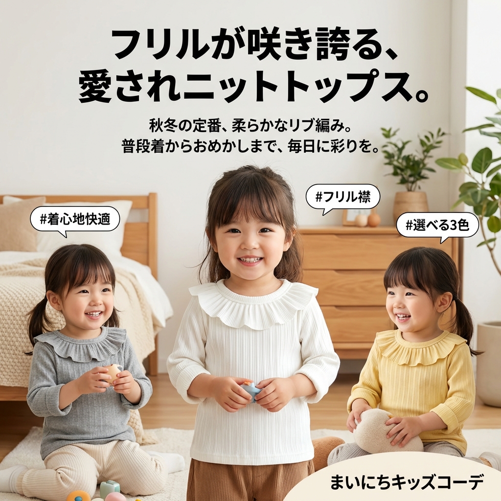 キッズファッション フリル襟付きリブ編み長袖ニットトップス - 商品イメージ