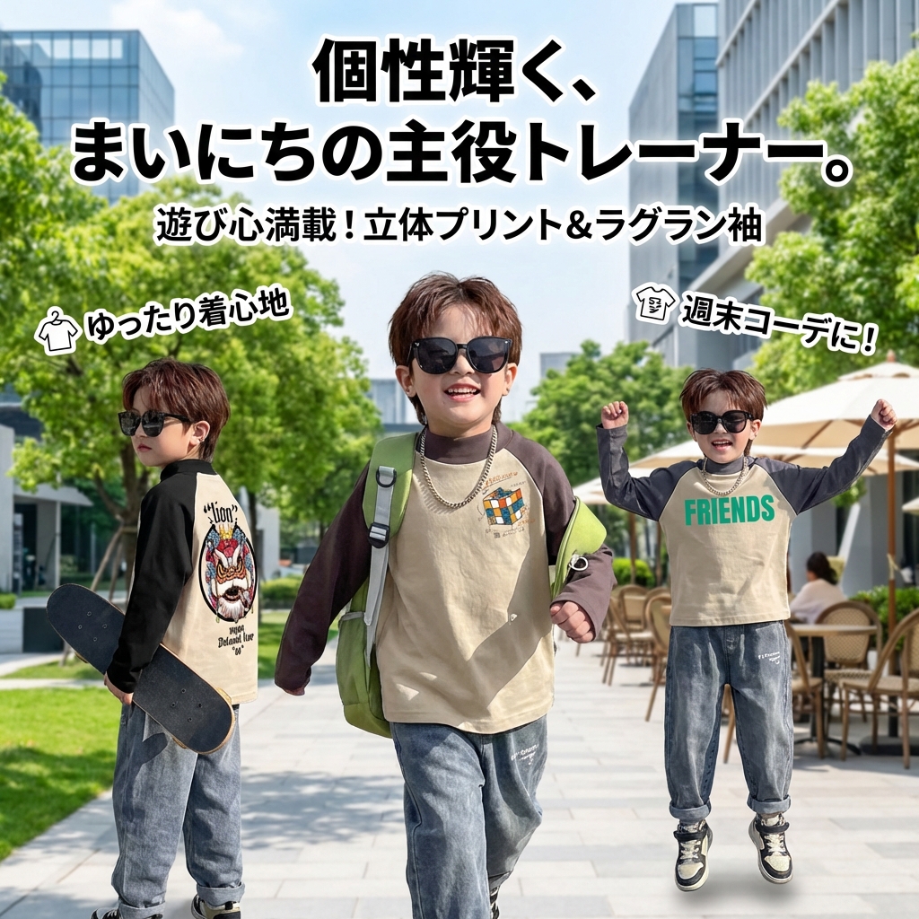 キッズファッション 立体プリント切替ラグランスリーブトレーナー - 商品イメージ