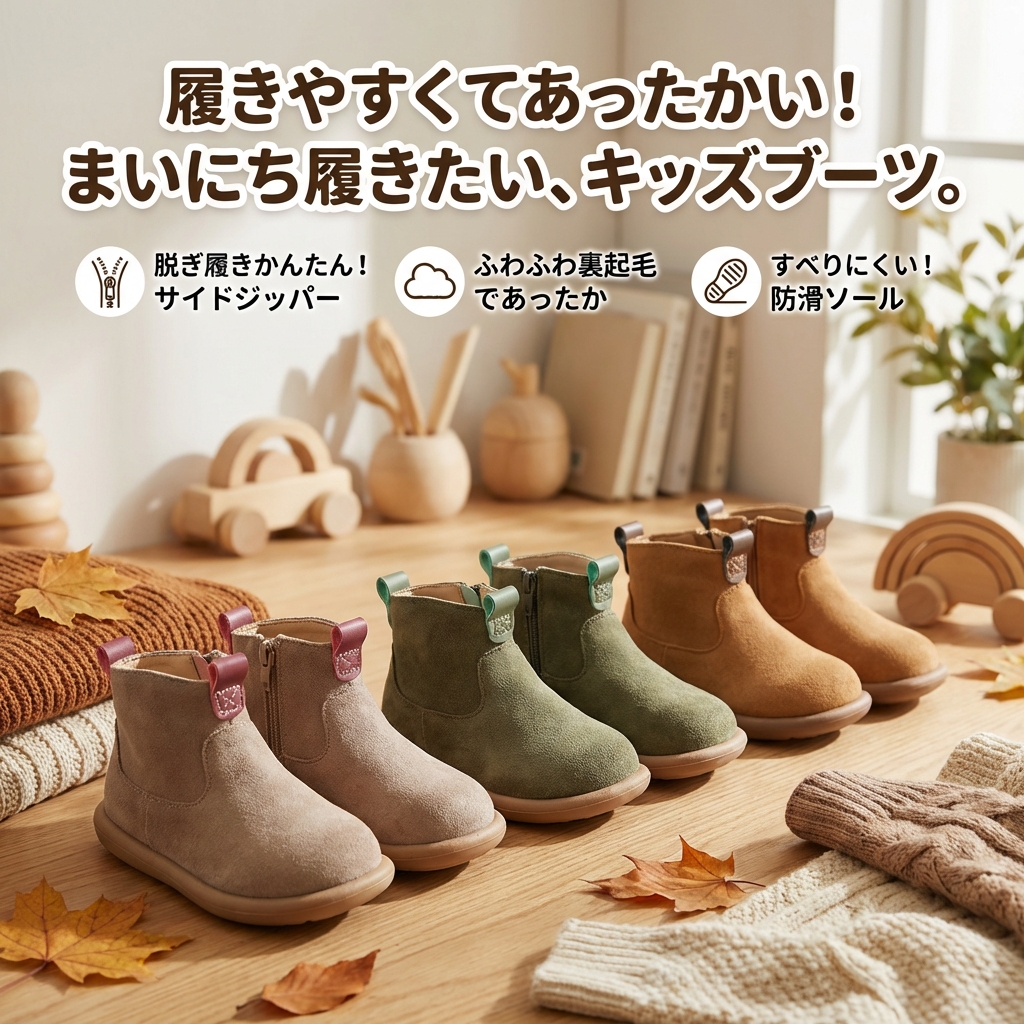 キッズファッション サイドジッパー付き裏起毛ショートブーツ - 商品イメージ