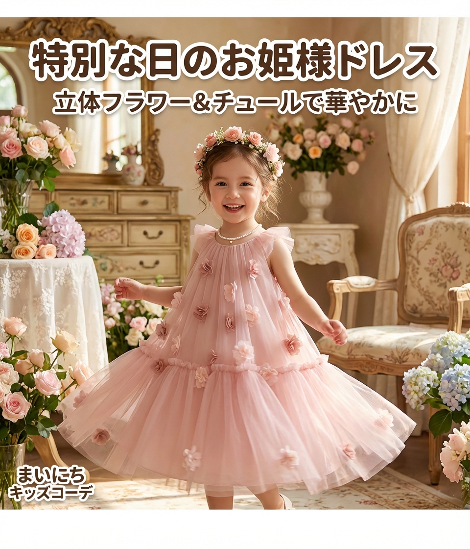 キッズファッション ドレス　立体フラワー装飾チュールプリンセスドレス - 商品イメージ
