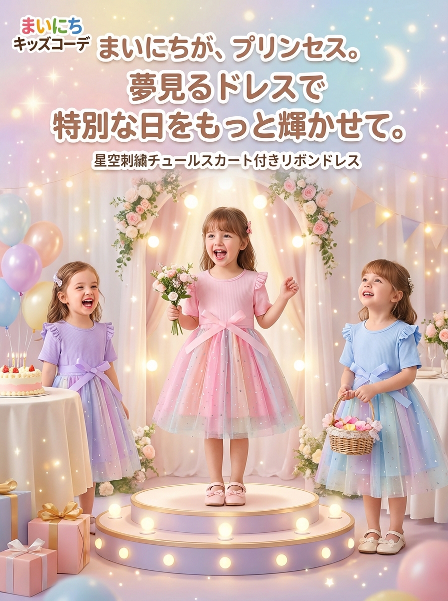 キッズファッション ドレス　星空刺繍チュールスカート付きリボンドレス - シーン別おすすめコーデ